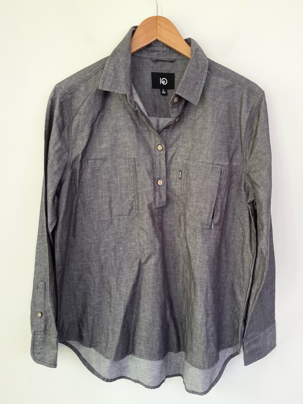 10Tree Cotton & Hemp Blend Popover Top Charcoal Grey L Large Roll Tab Longsleeve